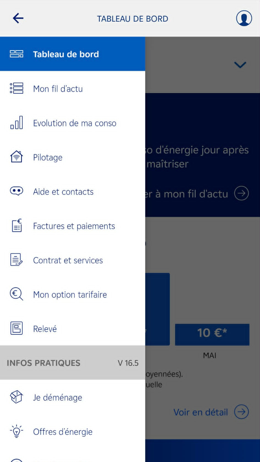 EDF et moi : menu