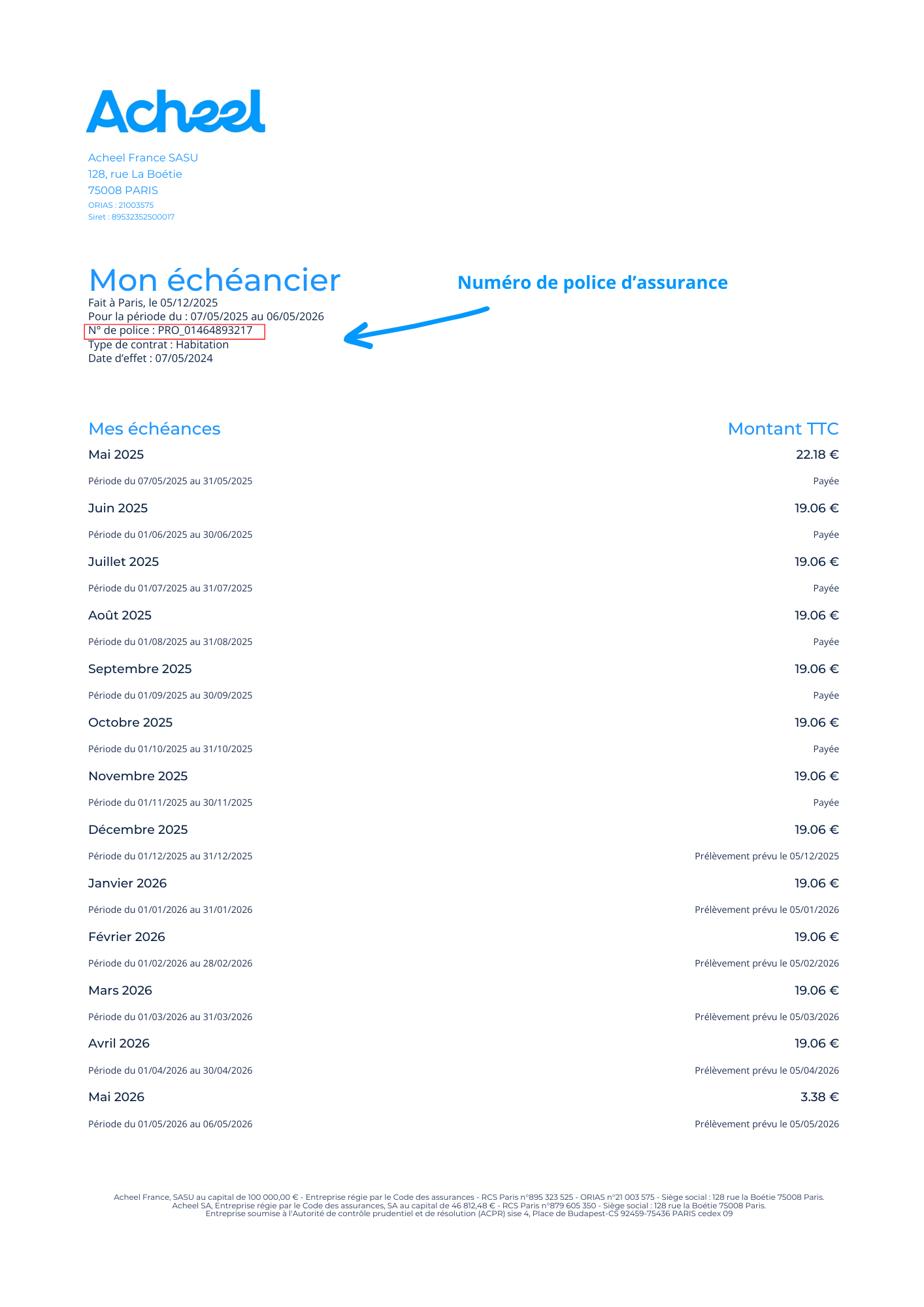 Exemple numéro de police d'assurance