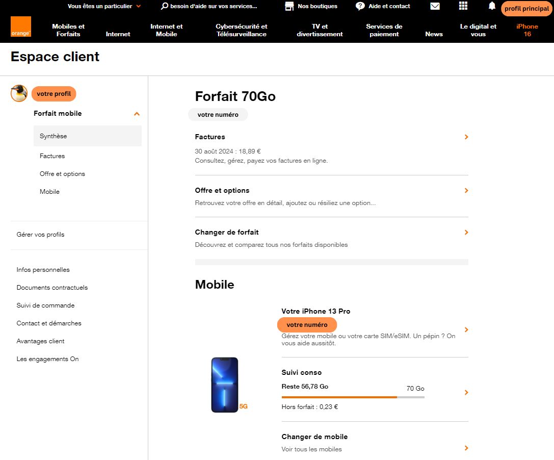 interface espace client Orange