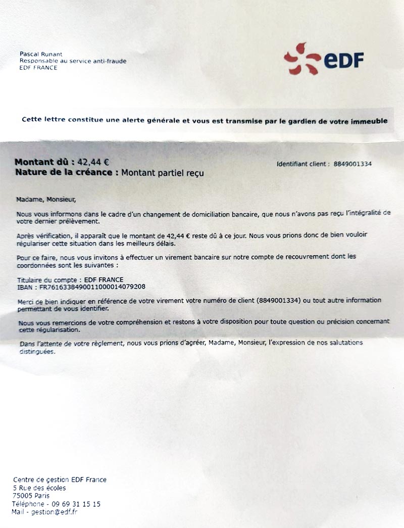Lettre escroquerie EDF