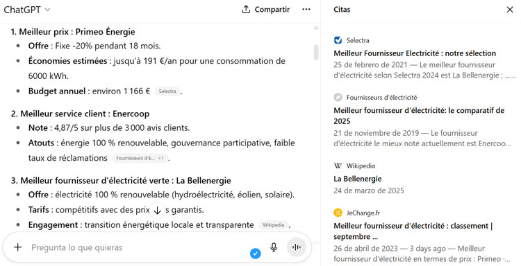 Réponse de ChatGPT-5 à la question : Quel est le meilleur fournisseur d'électricité actuellement ?