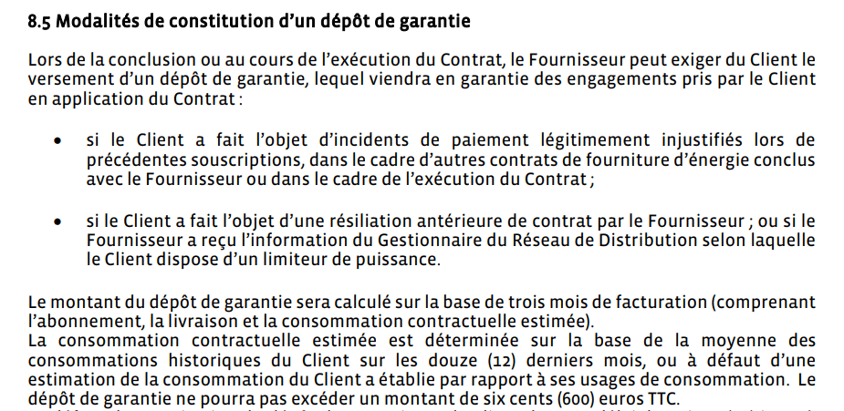 Extrait des conditions générales de vente du fournisseur Alpiq demandant un dépôt de garantie à la souscription