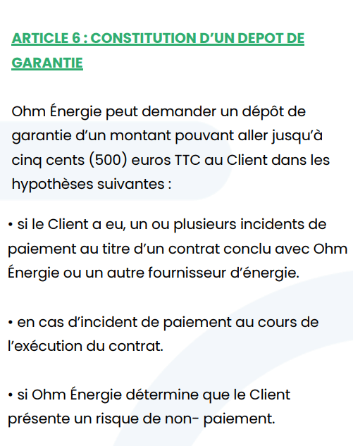Extrait des conditions générales de vente du fournisseur Ohm Energie fixant les conditions pour demander un dépôt de garantie
