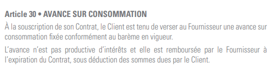 Extrait des conditions générales de vente de l'offre Tarif Bleu d'UEM demandant une avance sur consommation