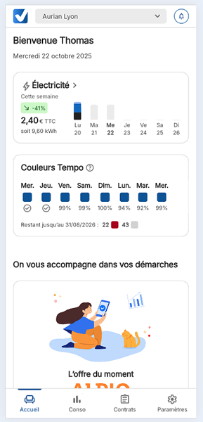 Exemple de prévision de jours rouges Tempo sur l'application My Selectra