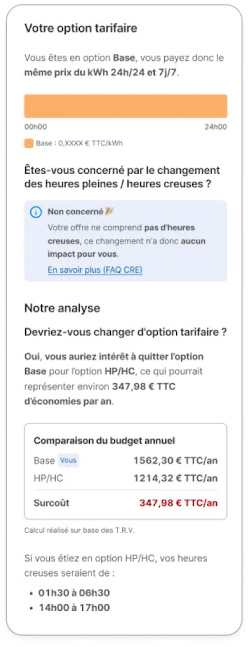 Analyse de MySelectra montrant l'économie réalisable en passant de l'option Base à l'option Heures Creuses
