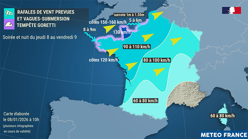 Passage de la tempête Goretti entre le 8 et 9 janvier 2026 - Météo France