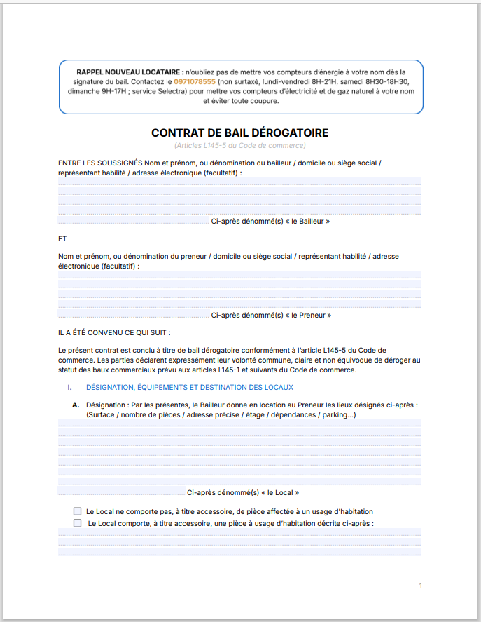 contrat de bail dérogatoire pdf