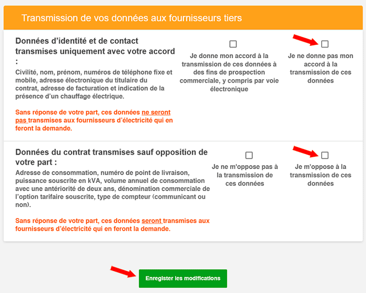 Formulaire EDF pour refuser le partage des données personnelles