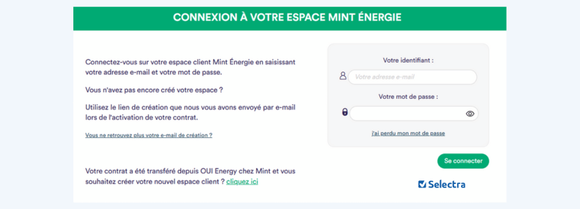 Connexion à l'espace client Mint Énergie