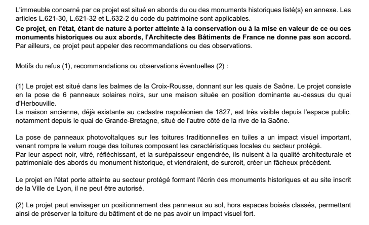 Avis négatif de l'architecte des bâtiments de France