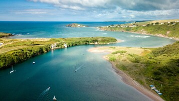 estuaire avec rives vertes et nuages