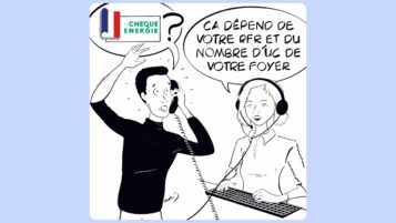 caricature d'un homme essayan de connaître les conditions du chèque énergie