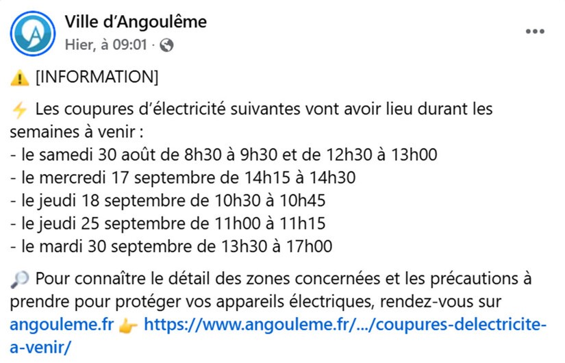 Votre rue bientôt sans électricité ? La liste complète des coupures prévues par Enedis à Angoulême