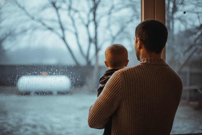 pere et fils devant une citerne propane