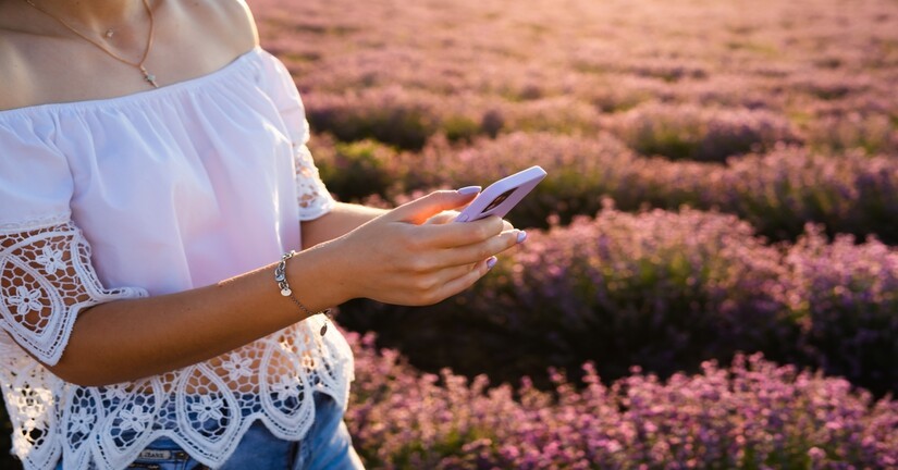 Femme consultant son mobile devant un champ de lavande